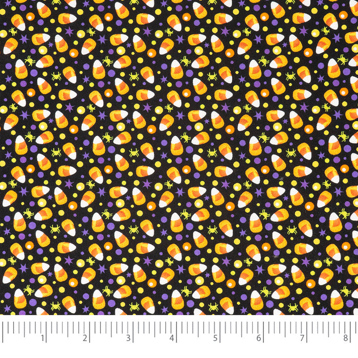 SINGER®  Fabric, 100% Cotton, 44 Inch Wide, Candy Corn And Purple Dots On Blk, Cut by the Yard