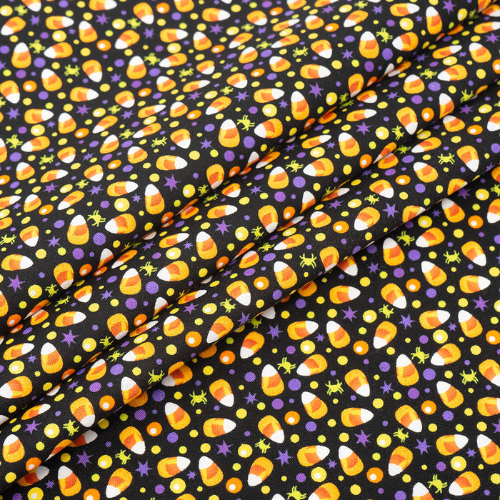 SINGER®  Fabric, 100% Cotton, 44 Inch Wide, Candy Corn And Purple Dots On Blk, Cut by the Yard