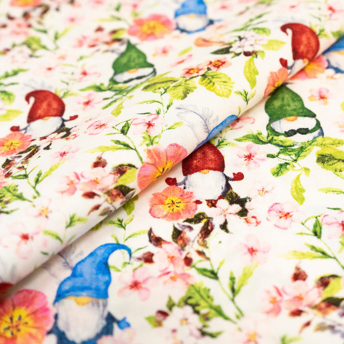 SINGER®  Fabric,  100% Cotton, 44 Inch Wide, Springtime Gnomes White, Cut by the Yard