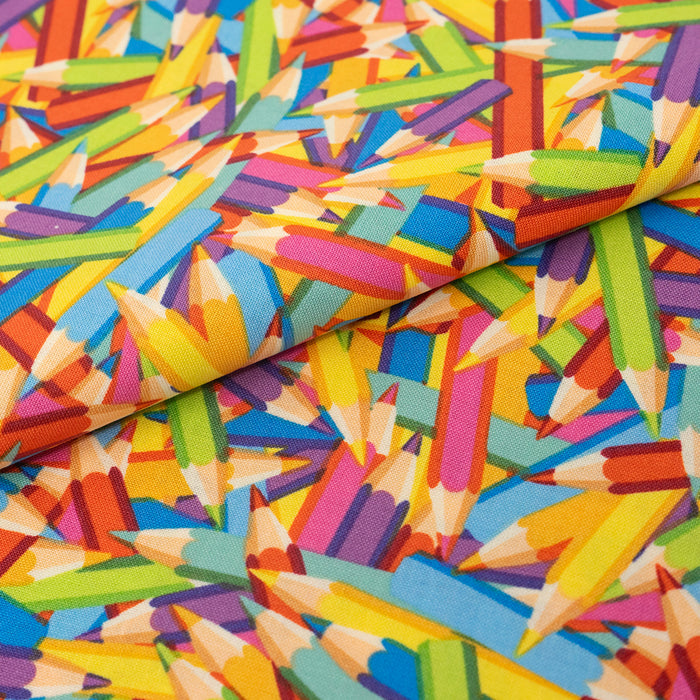 SINGER® Fabric, 100% Cotton, Rainbow Packed Colored Pencils, Cut by the Yard