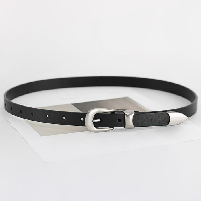 Classic black leather belt with a silver-tone buckle displayed in a loop.