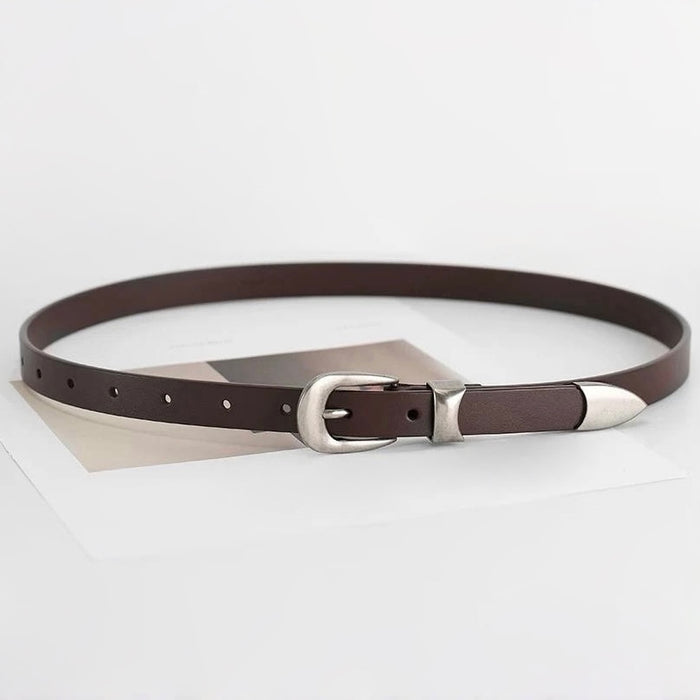 Dark brown leather belt with a refined metallic tip and minimalist buckle.