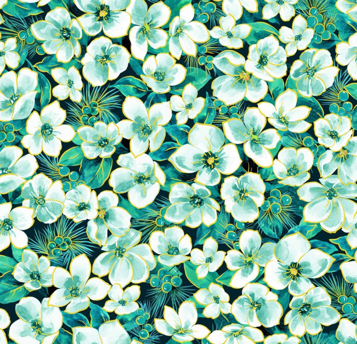 Small Floral on Green Teal 100% Cotton