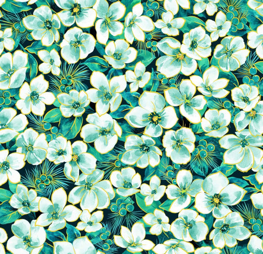 Small Floral on Green Teal 100% Cotton