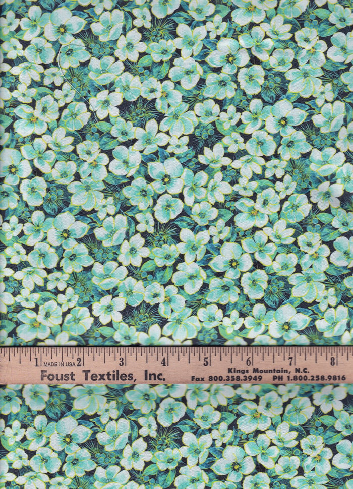 Small Floral on Green Teal 100% Cotton