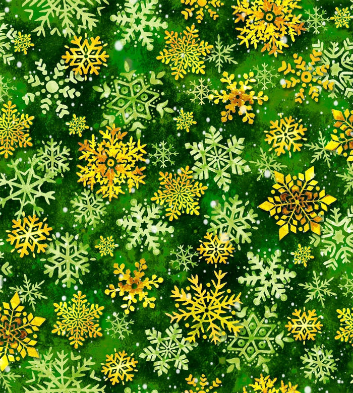 Snowflakes on Green 100% Cotton