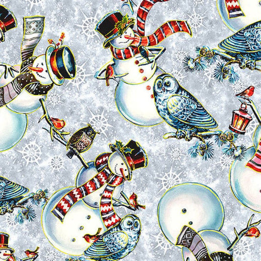 Snowmen with Owls on Blue 100% Cotton Price per Yard