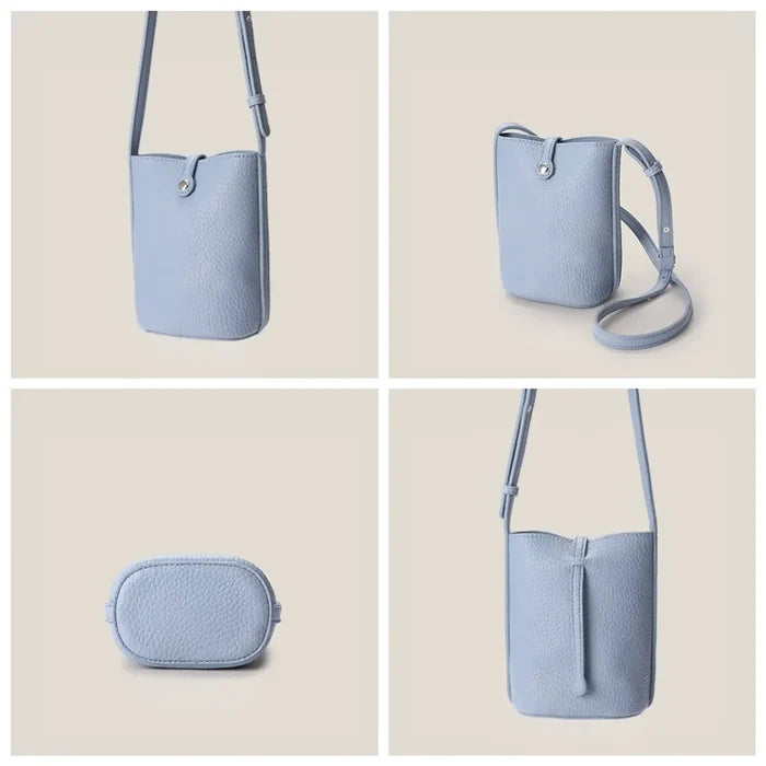 Close-up of the unique reversible buckle design and the multi sides view of the lychee leather bag.