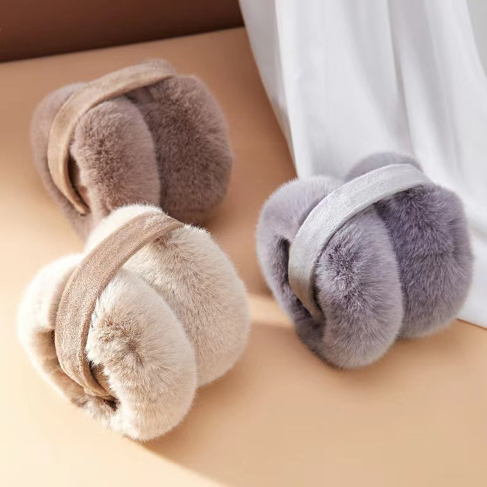 Grey, camel and coffee brown plush earmuffs displayed; showing the high-density faux fur texture.