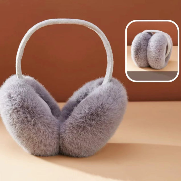 Front view of plush earmuffs in grey; stylish Morandi color winter accessory for cold weather.