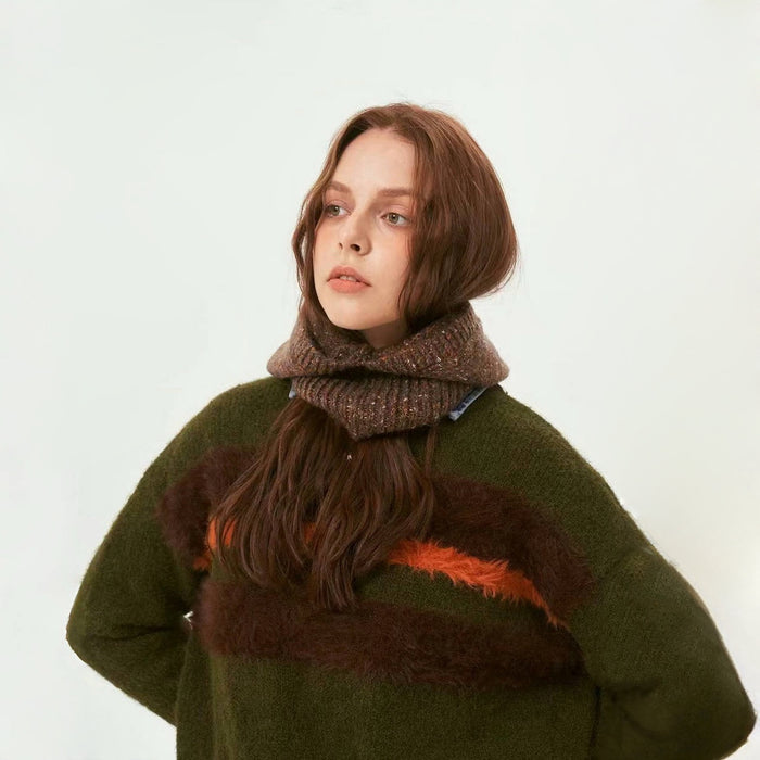 Model wearing Speckled Yarn Knit Balaclava Hat in brown, showcasing unique textures for visual interest.
