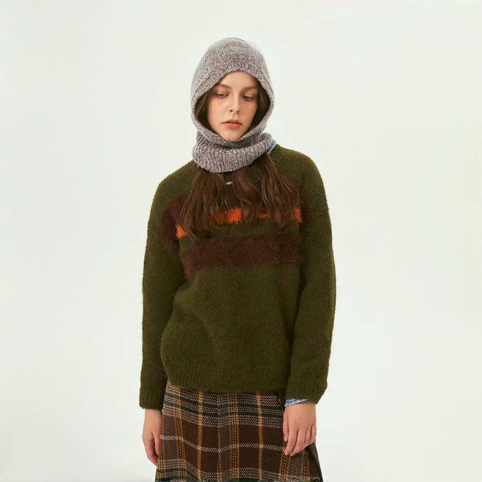 Model wearing Speckled Yarn Knit Balaclava Hat in grey. Tactile speckled texture for premium winter style.