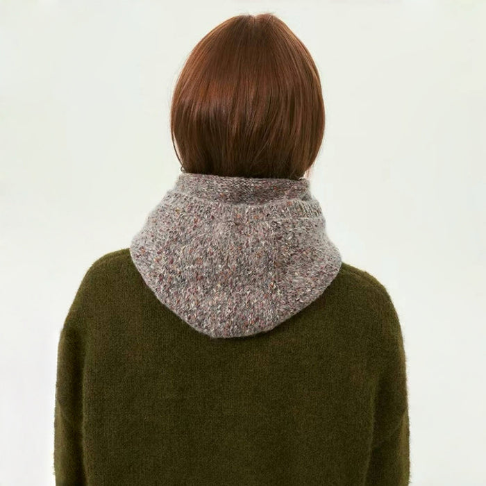 Back view of Model wearing Speckled Yarn Knit Balaclava Hat in grey, showcasing the seamless thermal knit.