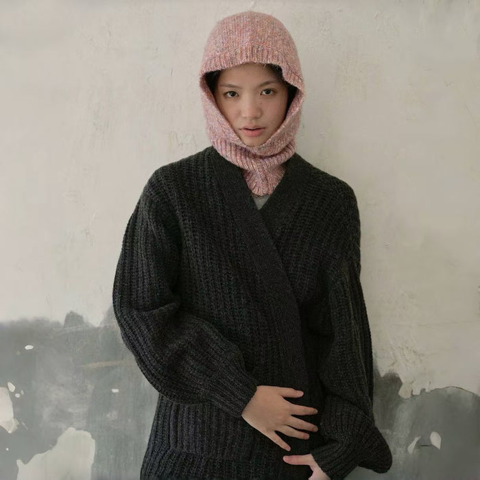 Model wearing Speckled Yarn Knit Balaclava Hat in pink. Soft feminine hue in a warm, protective build.