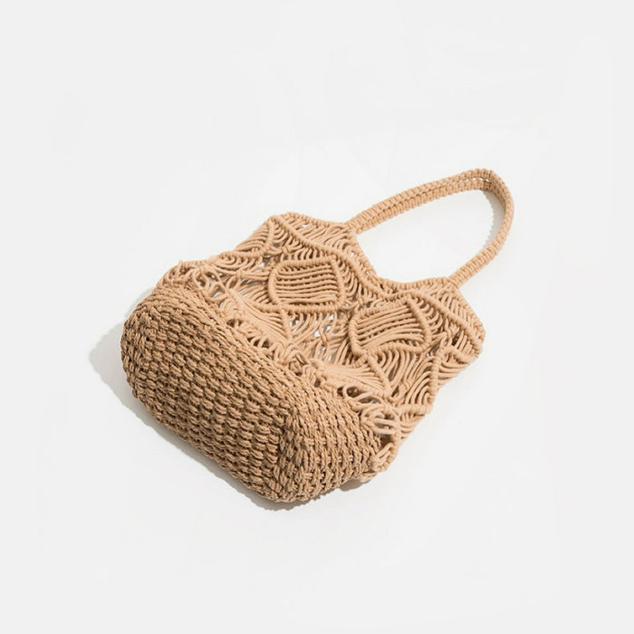 Flat lay of Spiral Pattern Hollow Crochet Bag in camel, great for everyday carry and travel.