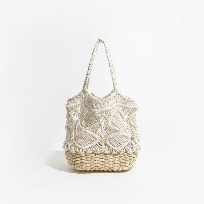Folded view of Spiral Pattern Hollow Crochet Bag in white, easy for commuting and weekends.