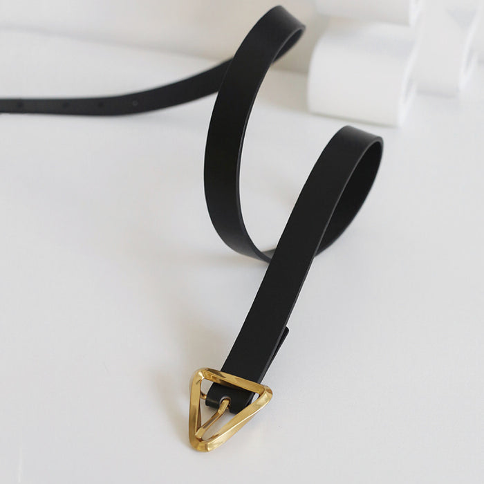 Black PU leather Spiral Triangle Belt with a gold-tone triangular buckle.