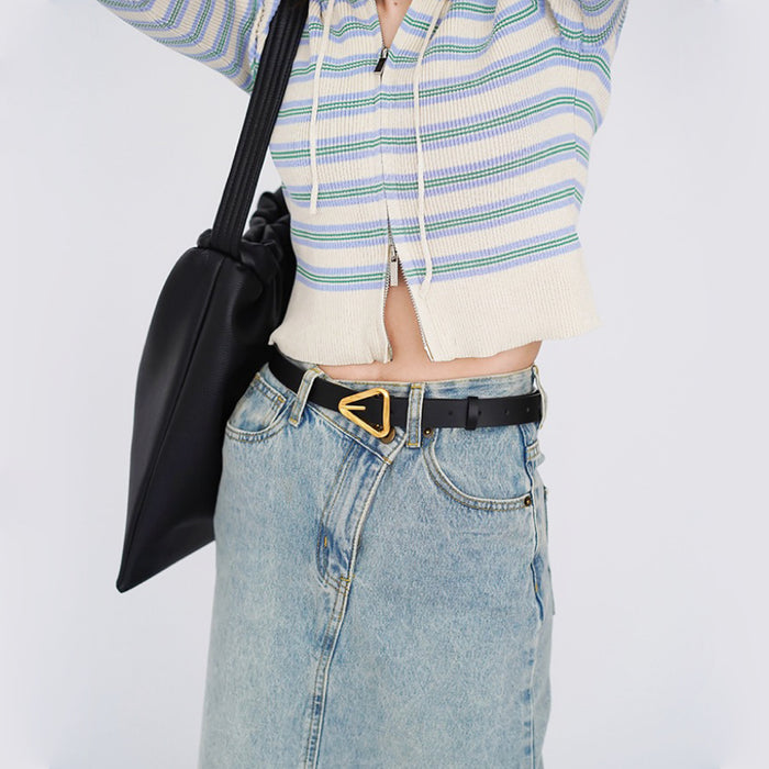 Model styling the black Spiral Triangle Belt, stylish design for daily wear