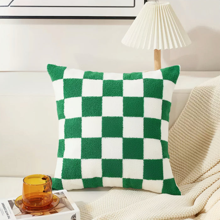 Close-up of Spring Vibe Pillow Cover in green and white checkered pattern, ideal for seasonal home decor.