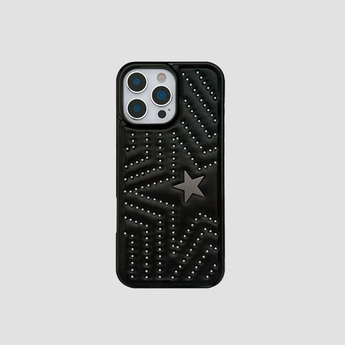 Black PU leather iPhone case featuring silver star studs and a prominent large gray star accent.