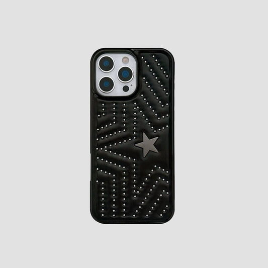 Black PU leather iPhone case featuring silver star studs and a prominent large gray star accent.