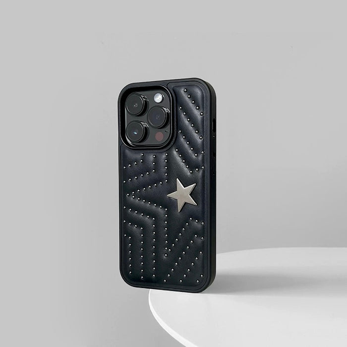 Black PU leather case with quilted chevron pattern, silver studs, and a shimmering star centerpiece.