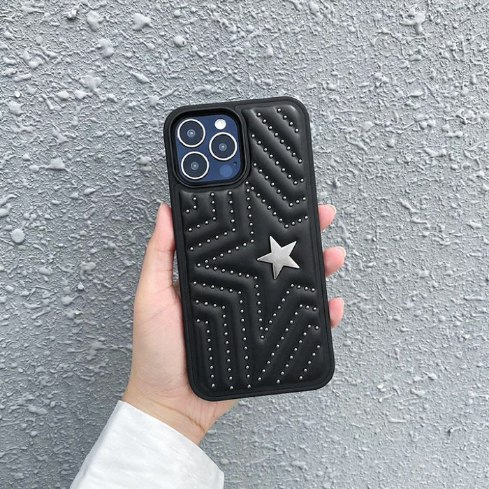 Model holding Star Studded Leather Case. Shimmering metallic accents on a durable and stylish frame.