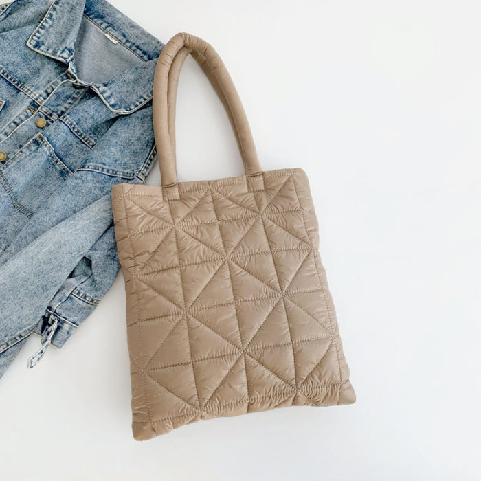 Close-up of khaki Starburst Quilted Shoulder Bag, easy for commuting and weekends.