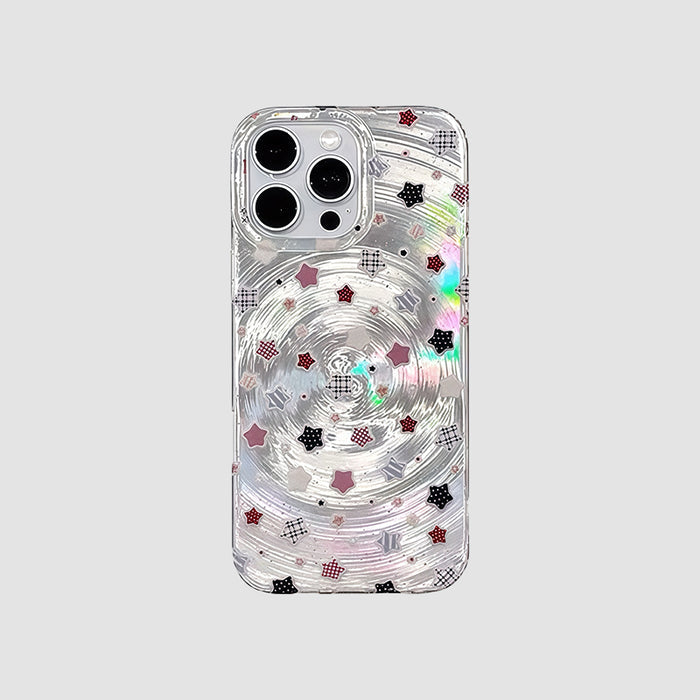 Clear acrylic case with a shimmering ripple design and scattered red and black plaid stars.