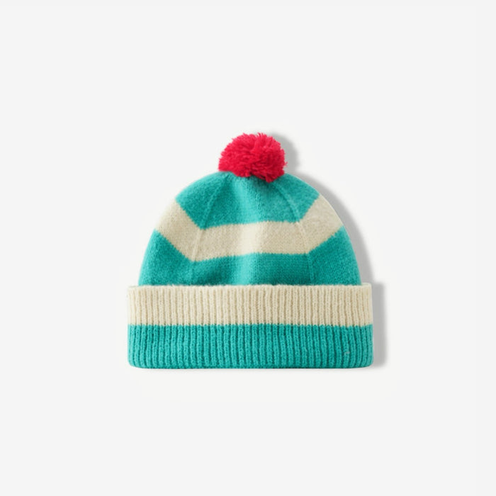 Aqua blue and white striped beanie with a red pompom on a white background.