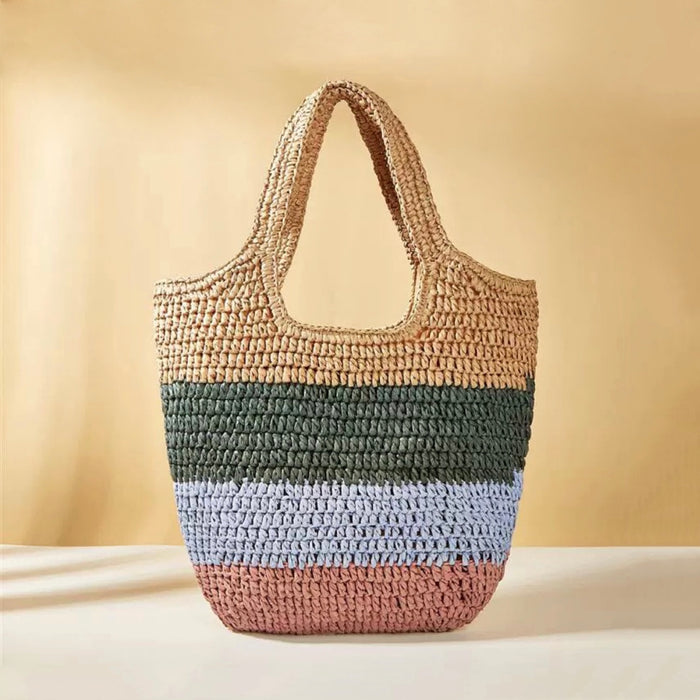 Stripe Rattan Straw Bag with horizontal stripes in natural, green, light blue, and pink.