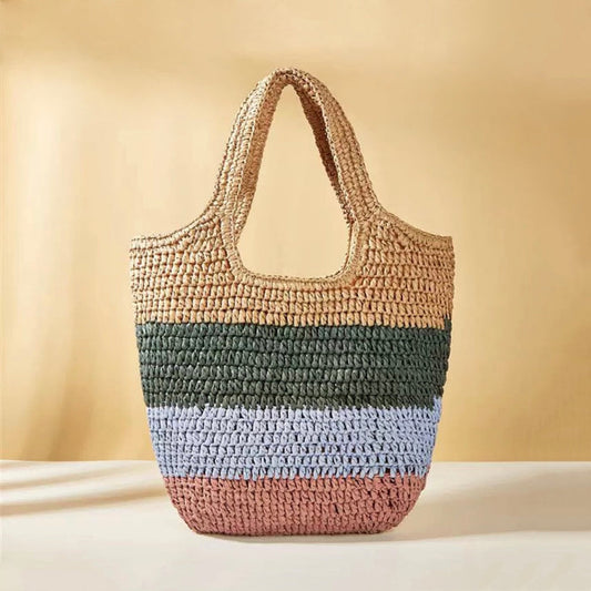 Stripe Rattan Straw Bag with horizontal stripes in natural, green, light blue, and pink.