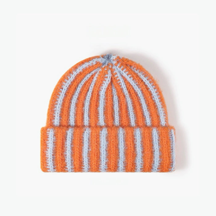 Front view of Striped Fluffy Knit Beanie in orange blue. Stylish headwear for superior cold-weather comfort.