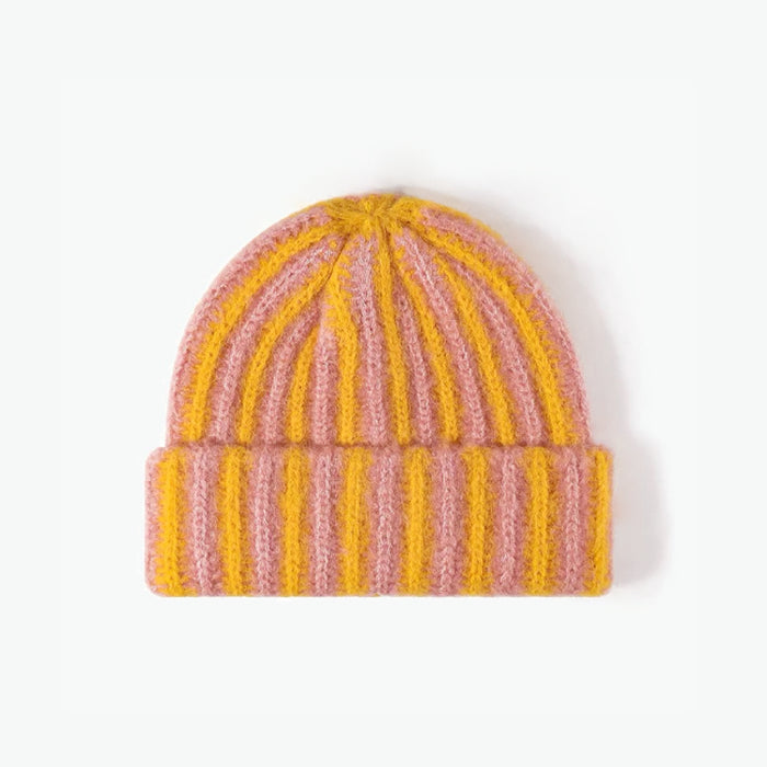 Front view of Striped Fluffy Knit Beanie in yellow coral. Perfect thermal accessory for winter sports.