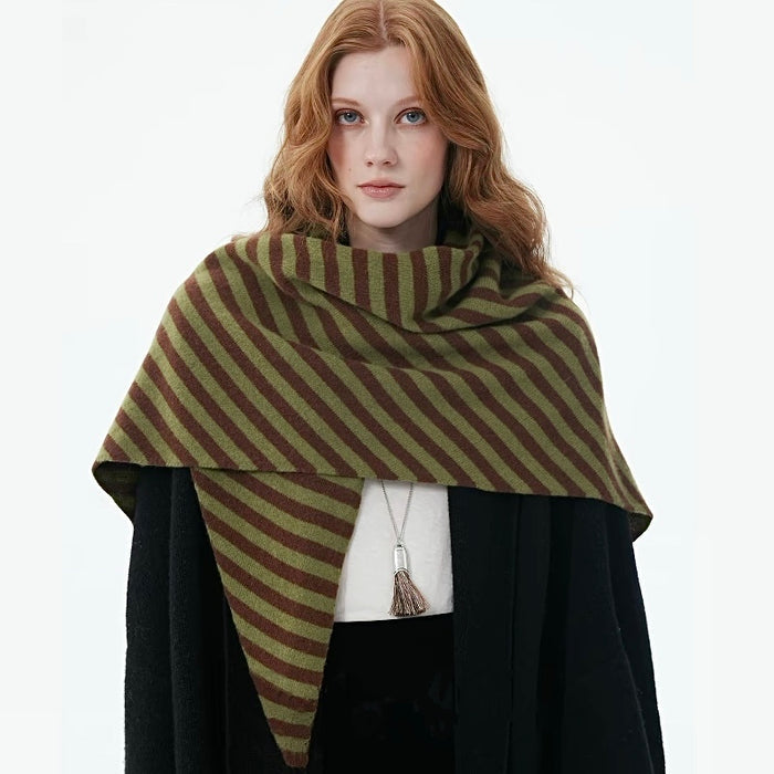 Model wearing the green brown striped wool triangle scarf over a neutral autumn outfit, ideal for daily.