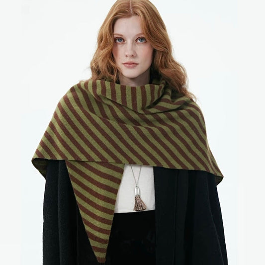 Model wearing the green brown striped wool triangle scarf over a neutral autumn outfit, ideal for daily.