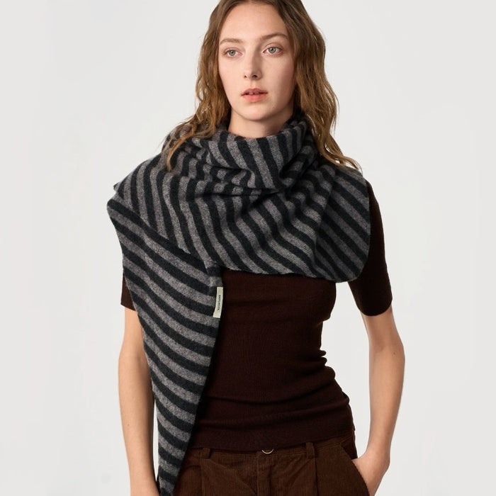 Model wearing Grey and black striped wool triangle scarf shawl, easy for weekend styling and gifting.