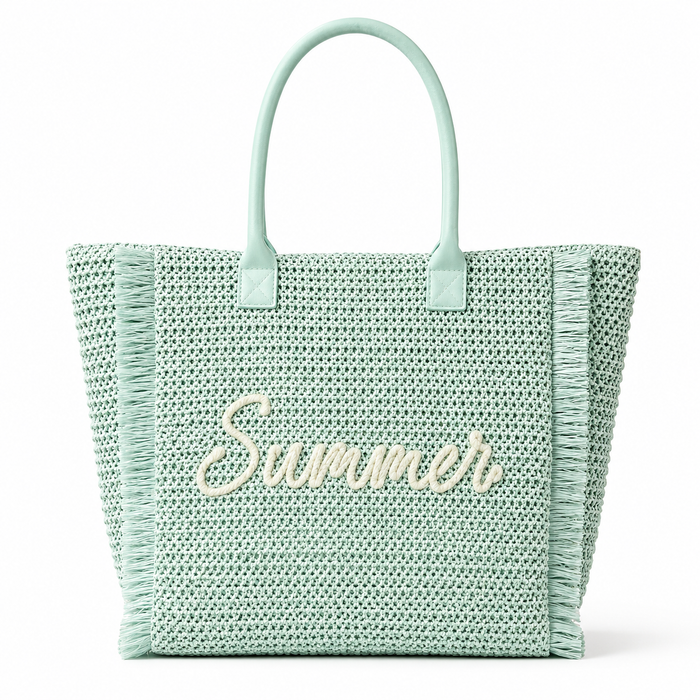 Mint green woven bag with 'Summer' embroidery on a white background
