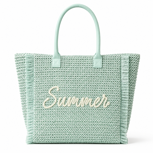 Mint green woven bag with 'Summer' embroidery on a white background