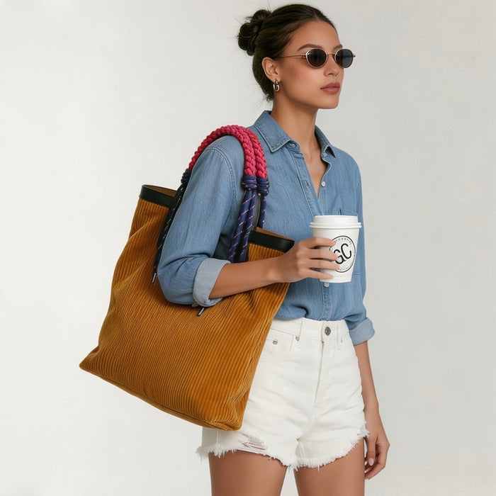Model wearing the corduroy side of the tote on shoulder, showing sophisticated casual look