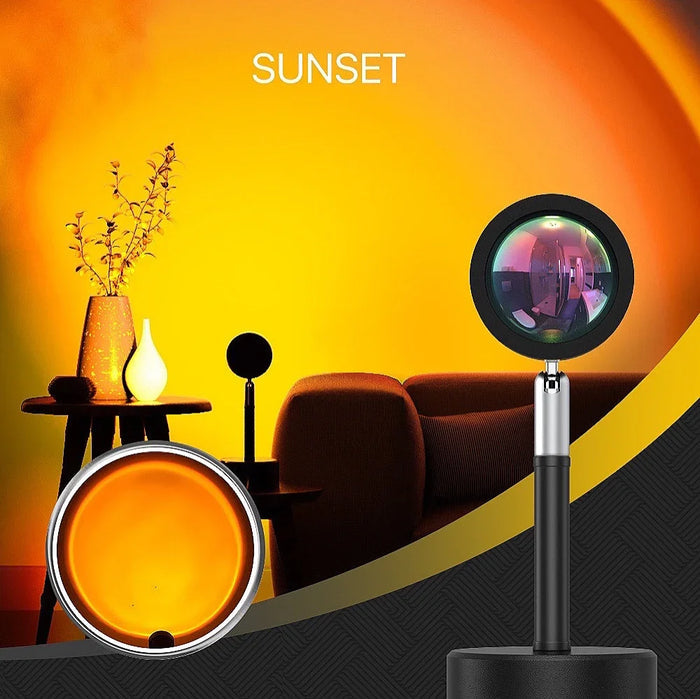 Black iron and aluminum sunset lamp projecting a warm orange glow, with a close-up of its LED lens.