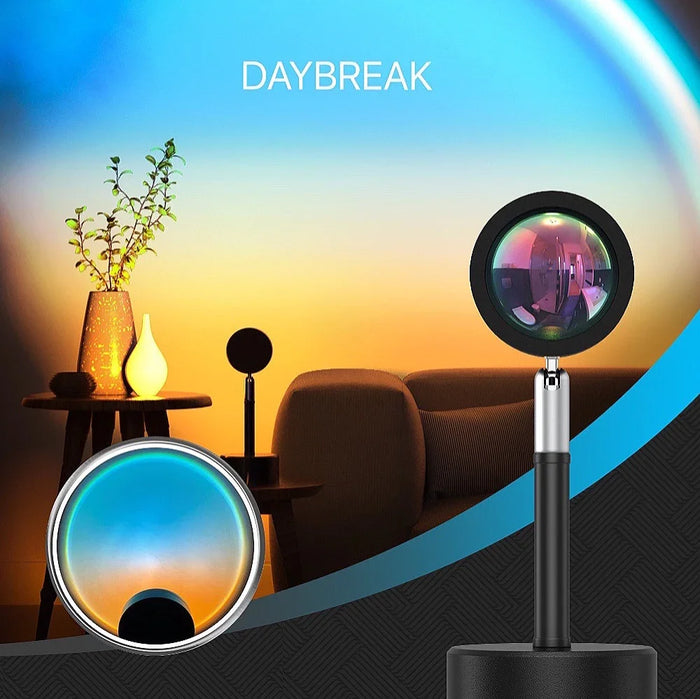 Black iron base LED sunset/daybreak lamp with aluminum head casting, projecting a vibrant blue and orange gradient.