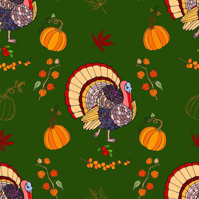 Thanksgiving Turkey and Pumpkins on Green Autumn 100% Cotton Fabric