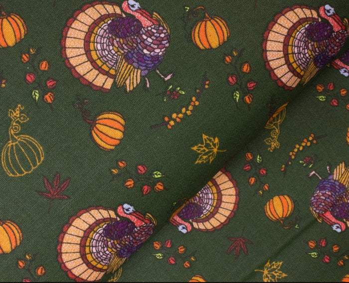 Thanksgiving Turkey and Pumpkins on Green Autumn 100% Cotton Fabric