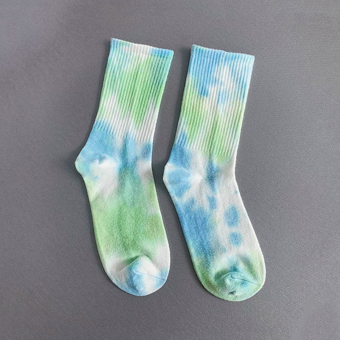 Angled view of Tie Dye Cotton Socks in blue and green, great for daily wear and lounging.