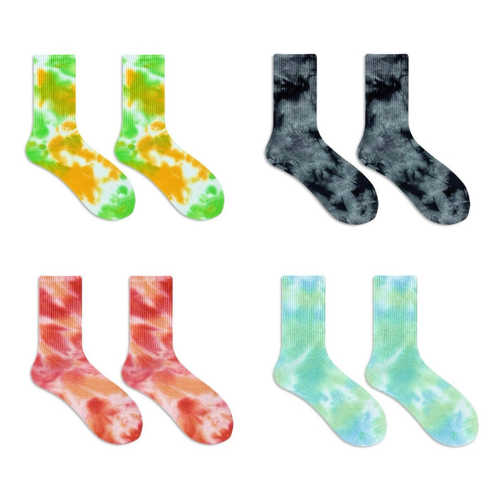 Close-up of 4 colors of Tie Dye Cotton Socks, ideal for workouts and commuting.