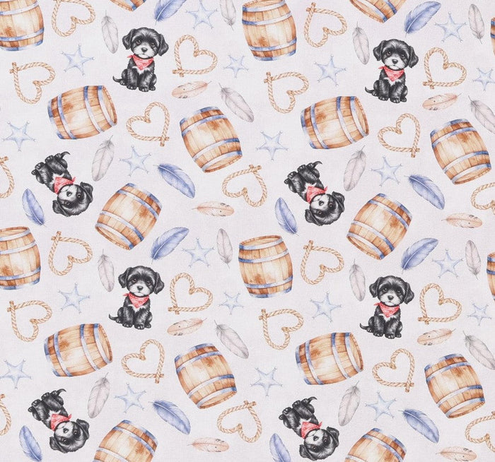 Tossed Dogs Puppies Western Icons on Grey 100% Cotton Price per Yard Novelty