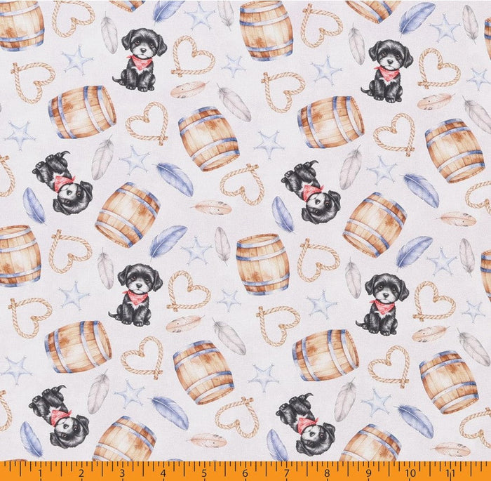 Tossed Dogs Puppies Western Icons on Grey 100% Cotton Price per Yard Novelty