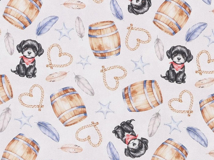 Tossed Dogs Puppies Western Icons on Grey 100% Cotton Price per Yard Novelty