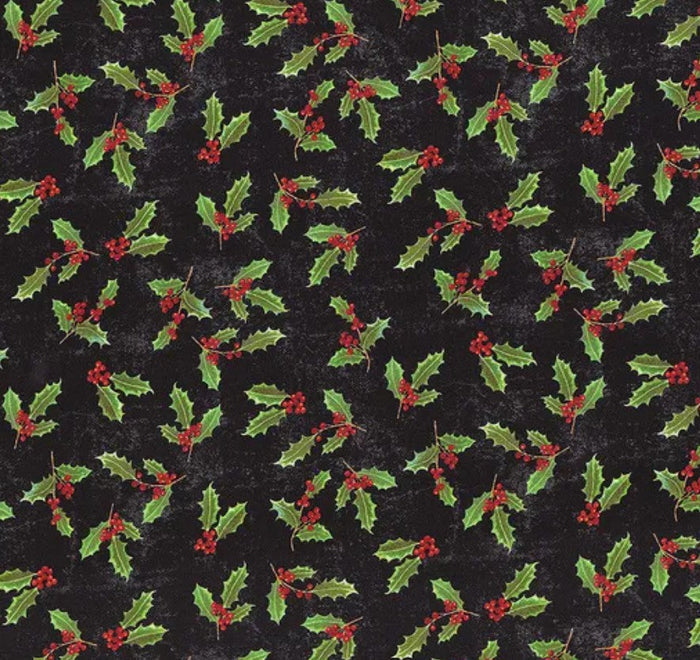 Touch of Splendor Holly on Black 100% Cotton Price per Yard